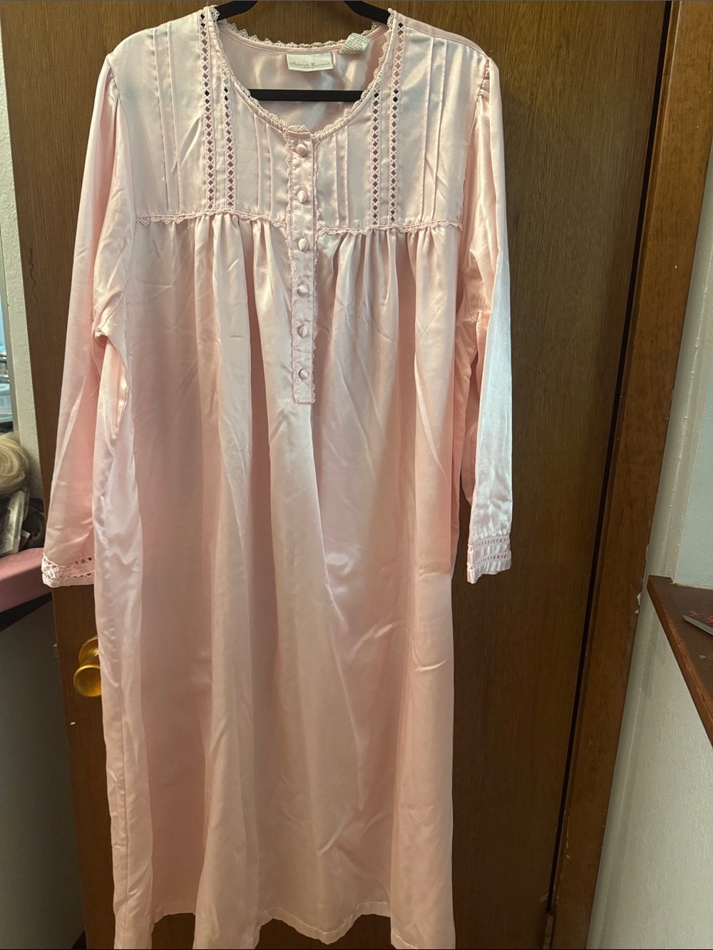 Long-Sleeve Soft Pink Satin Lined with Flannel Nightgown with Lace Trim